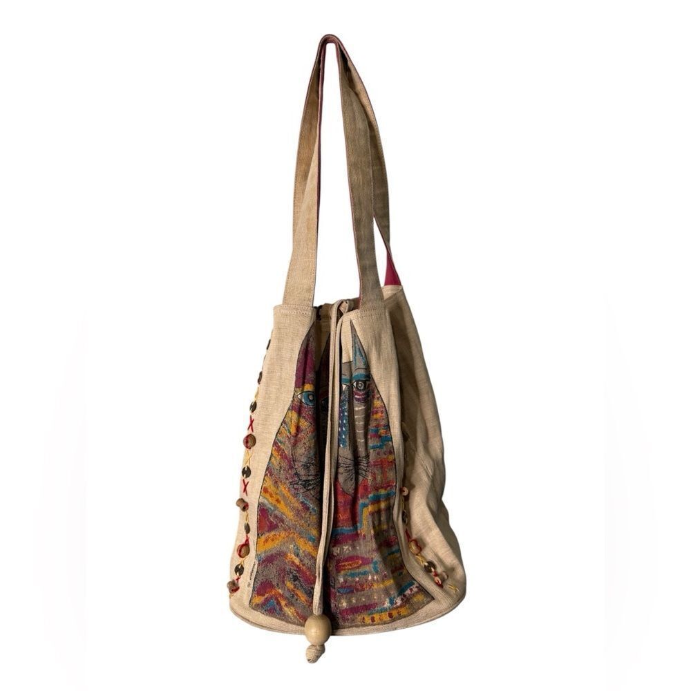 Laurel Burch Neutral Canvas Fantastic Felines Cat Tote Bag Large Tan Red